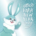 Card Happy New Year with cartoon rabbit. Funny bunny. Cute hare, snow and greeting text. Vector illustration Royalty Free Stock Photo