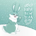 Card Happy New Year with cartoon rabbit. Funny bunny. Cute hare, snow and greeting text. Vector illustration Royalty Free Stock Photo