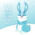 Card Happy New Year with cartoon rabbit. Funny bunny. Cute hare, snow and greeting text. Vector illustration Royalty Free Stock Photo
