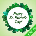 Card Happy St.Patrick day. Round frame made from hand-drawn clover leaves. Royalty Free Stock Photo