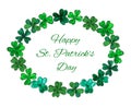 Card Happy St.Patricks day. Oval wreath frame made from hand-drawn clover leaves. Royalty Free Stock Photo