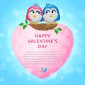 Card Happy Valentine`s Day with place under the text. A pink heart and a pair of birds in love are sitting in the nest.