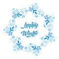 Card happy winter, with abstract beautiful blue leaf floral frame. Vector