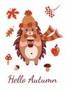 Card with a hedgehog and inscription Hello autumn