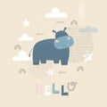 Card with hippo. Kids print. Vector hand drawn illustration Royalty Free Stock Photo
