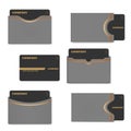 Card holder with plastic card, vector set. Blank sleeve envelope case for credit, gift or business cards