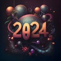 Card, illustration, graphic with futuristic image, inscription 2024 to celebrate the new year