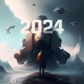 Card, illustration, graphic with futuristic image, inscription 2024 to celebrate the new year