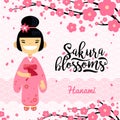 Card with Japanese girl, hanami festival, sakura blossom season. Vector illustration of flat design