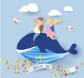 Card with kids sitting on whale flying on blue sky