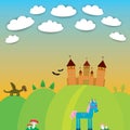 Card. landscape with castle wizard, Cartoon Dragon Royalty Free Stock Photo