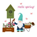 Card with little gnome, bird and birdhouse, flowers and garden cart. Spring illustration. Royalty Free Stock Photo