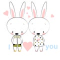 Card of love, two bunnies with pink hearst.