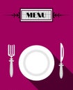 Card of menu with white plate and fork and knife,