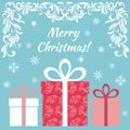 Card - Merry Christmas! Gifts in a festive box with ribbons on a blue background Royalty Free Stock Photo