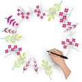 Card mock up with hand holding pen  to write or signature on paper to text note at work, top view with flower Royalty Free Stock Photo