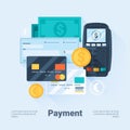 Card, Money, Coins and Cheque. Payment Methods Concept. Flat Style with Long Shadows. Clean Design.