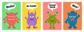 Cartoon and funny monsters cards with text. Set of cute monster greeting or invitation card. Royalty Free Stock Photo