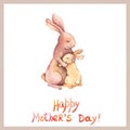 Card for Mothers day with cute animal - mother rabbit embrace her adorable kid. Aquarelle art