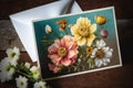 Card with multi coloured flowers and envelope, created using generative ai technology Royalty Free Stock Photo