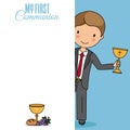 Card my first communion. Boy with a chalice