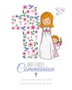 Card my first communion. Girl and angel with a cross in the background Royalty Free Stock Photo