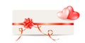 Card note with shiny red bow and ribbons with two hearts