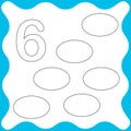 Card number 6 six and oval. Learning numbers and geometric shapes, mathematics. Game for children. Vector illustration