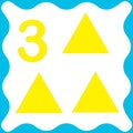 Card number 3 three and triangle. Learning numbers and geometric shapes, mathematics. Game for children. Vector illustration