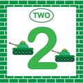 Card with number 2 two. Learning numbers, mathematics. Education. Tank, transport.