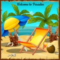 Card on the ocean with palm trees and sun loungers Royalty Free Stock Photo