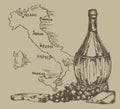 Card with old-fashioned wine bottle and Italy map