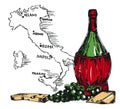 Card with old-fashioned wine bottle and Italy map