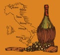 Card with old-fashioned wine bottle and Italy map