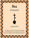 A card with one of the Kwanzaa principles. Symbol Nia means Purpose in Swahili. Poster with sign and description. Ethnic