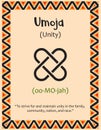 A card with one of the Kwanzaa principles. Symbol Umoja means Unity in Swahili. Poster with sign and description. Ethnic