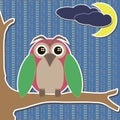 Card with owl on branch moon and clouds