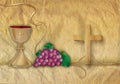 Card Christian symbols with 3d chalice and grapes with golden ornaments