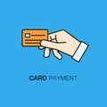 Card payment symbol - vector line style illustration with hand holding credit card. Royalty Free Stock Photo