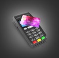 Card payment terminal POS terminal with credit card isolated on black gradient background 3d render