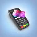 Card payment terminal POS terminal with credit card isolated on blue gradient background 3d render