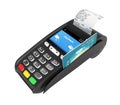 Card payment terminal POS terminal with credit card and receipt isolated on white background 3d render without shadow