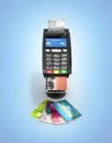 Card payment terminal POS terminal with credit cards and receipt isolated on blue gradient background 3d render