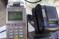 Card payment terminals. View of credit card reader and credit card payment