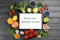 Card with phrase Boost Your Immune System and fresh products on grey wooden table, flat lay