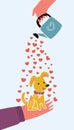 Card with a picture of a girl hugging a puppy, with the words `I love my dog`, vector illustration