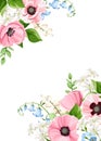 Card with pink, blue, and white flowers. Vector greeting or invitation card design Royalty Free Stock Photo