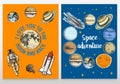 Card planets in solar system and astronaut spaceman. moon and the sun, mercury and earth, mars and venus. astronomical