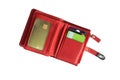 Open red wallet with plastic cards in pockets