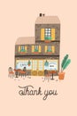 Card, postcard or poster template with coffee house or cafe building on street of European city and Thank You word or